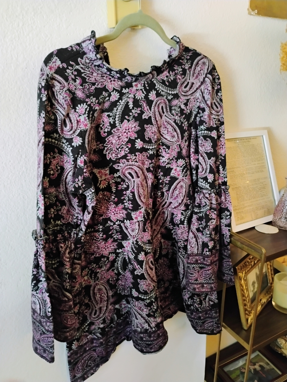 Xhilaration Paisley Ruffle Neck Blouse Purple Black Bell Sleeve Plus Size XXL